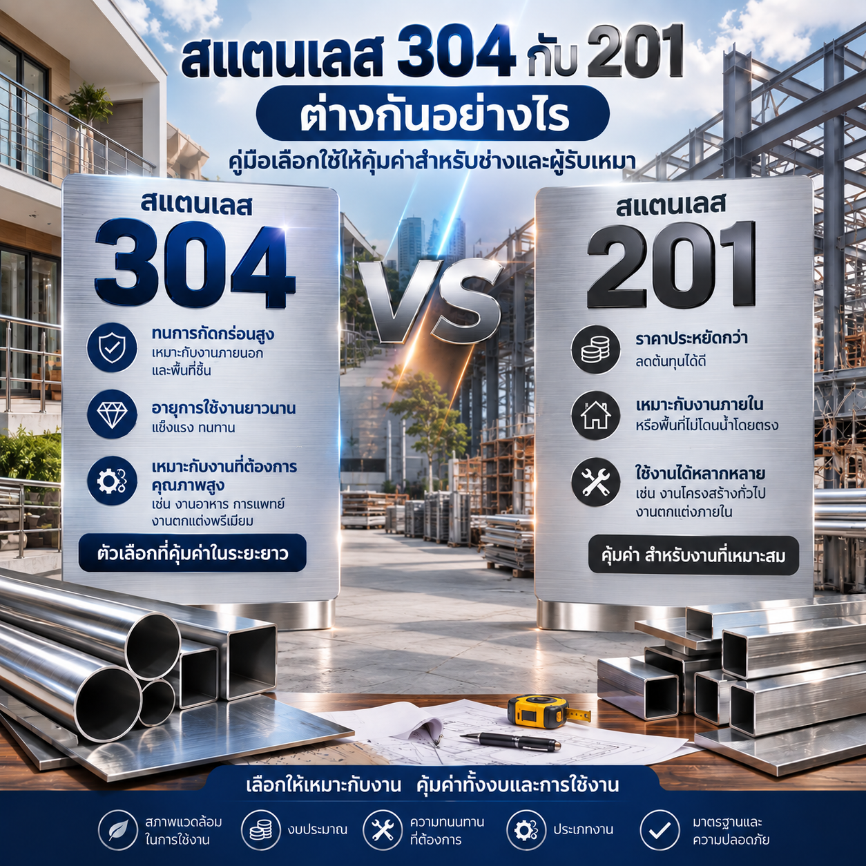 สแตนเลส 304 VS 201 แตกต่างกันอย่างไร? เลือกใช้อย่างไรให้คุ้มค่าและเหมาะกับงาน