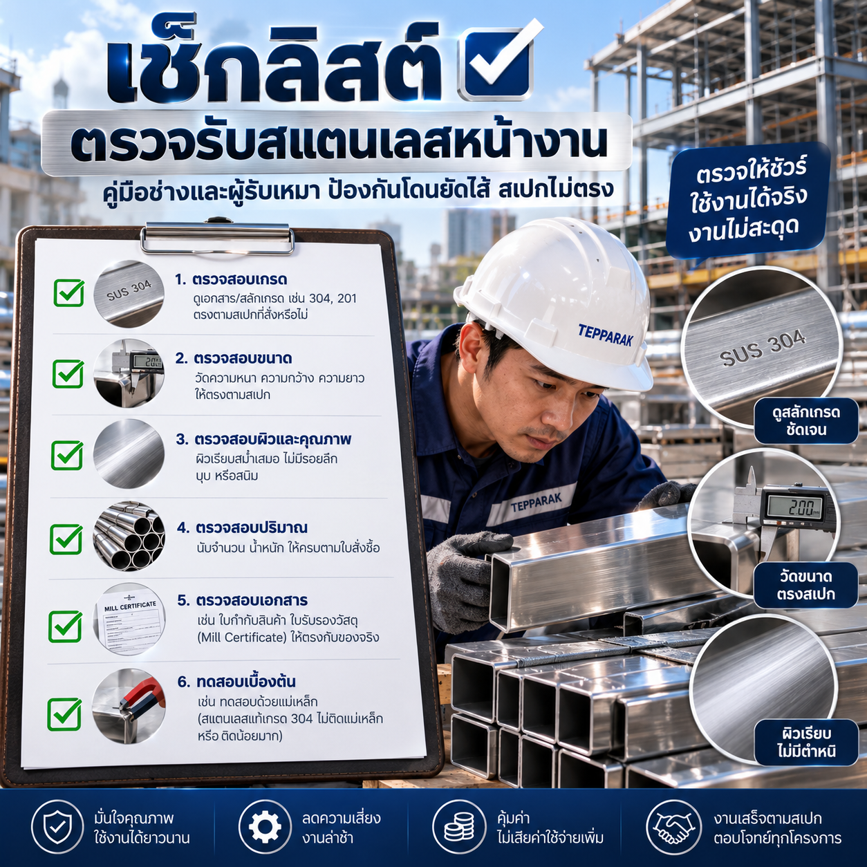 เช็กลิสต์ตรวจรับสแตนเลสหน้างาน คู่มือช่างและผู้รับเหมา ป้องกันโดนยัดไส้ สเปกไม่ตรง