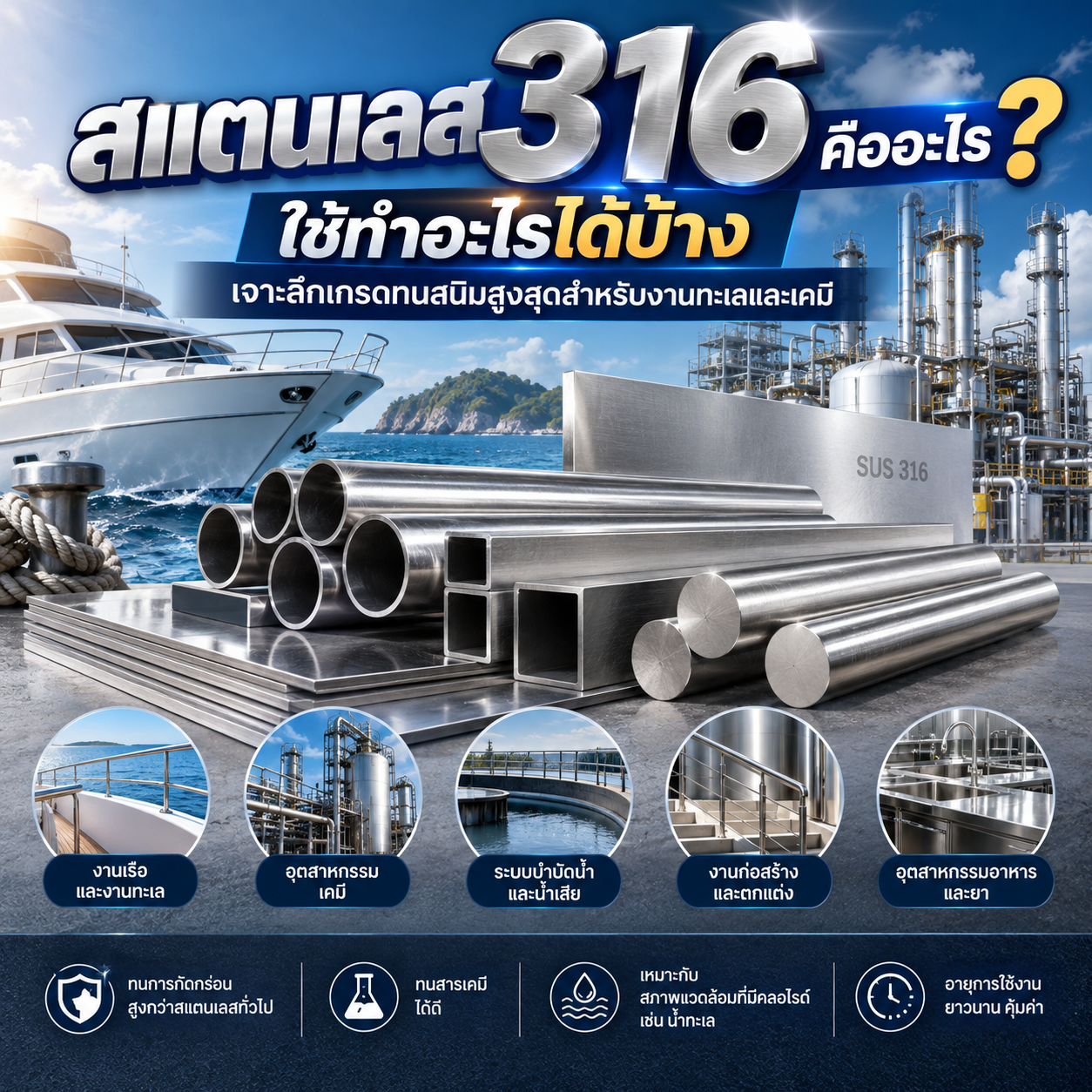 สแตนเลส 316 คืออะไร ใช้ทำอะไรได้บ้าง เจาะลึกเกรดทนสนิมสูงสุดสำหรับงานทะเลและเคมี