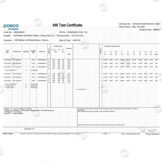 ตัวอย่างใบเซอร์สเเตนเลส 